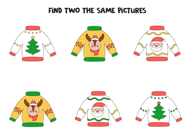 Find two identical Christmas sweaters. Educational game for preschool children.