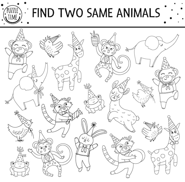 Find two same animals. Holiday black and white matching activity for children. Funny educational outline Birthday logical quiz worksheet for kids. Simple printable celebration line game