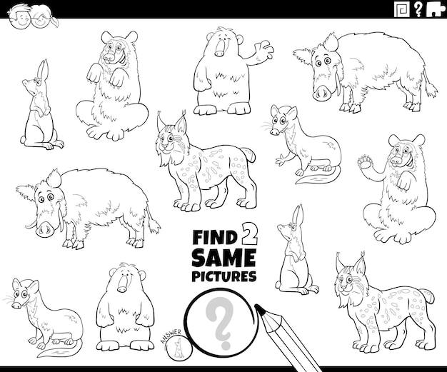 Find two same cartoon animals game coloring page