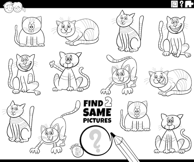 Find two same cartoon cats task coloring page