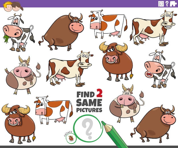 find two same cartoon cattle farm animals educational game