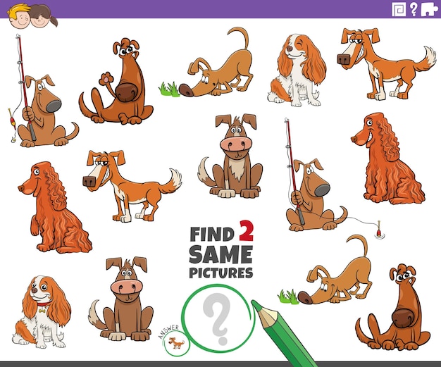 Find two same cartoon dog characters educational task