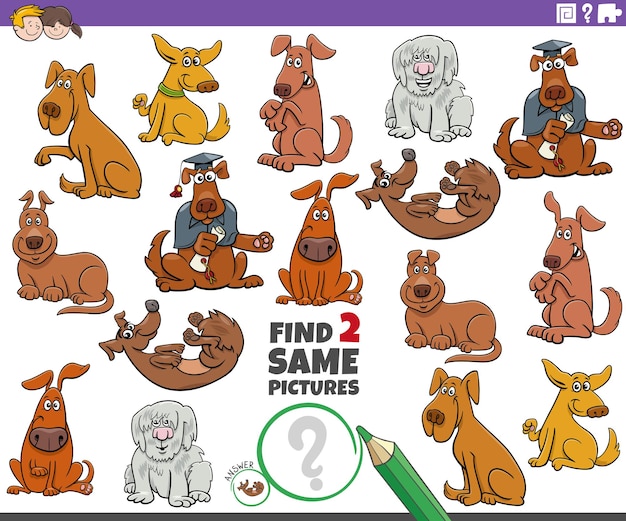 Find two same cartoon dog characters educational task