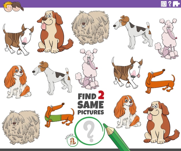 Find two same cartoon purebred dogs educational activity