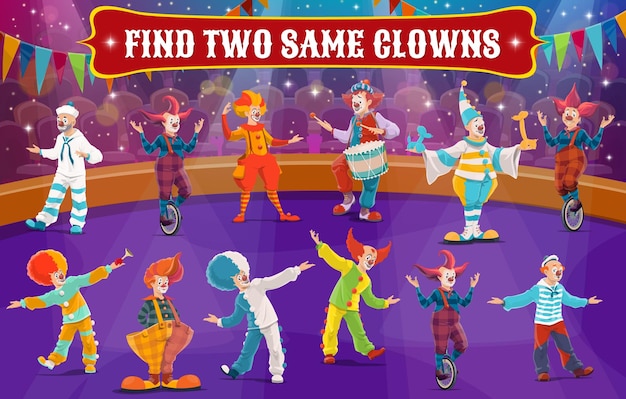 Vector find two same circus clowns vector kids maze game