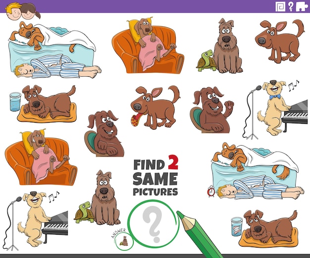 Find two same comic dog characters educational game