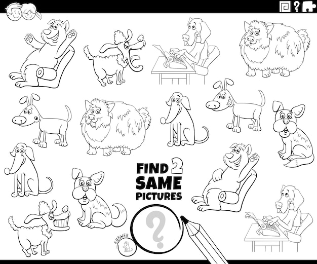 Find two same comic dog characters game coloring page