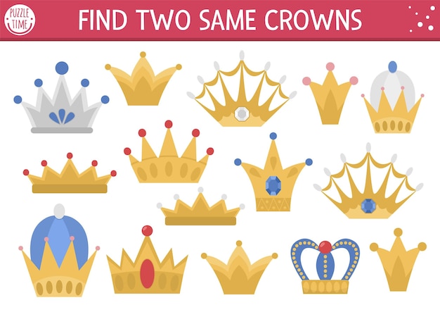 Find two same crowns Fairytale matching activity for children Magic kingdom educational quiz worksheet for kids for attention skills Simple printable game with cute king jewelryxA