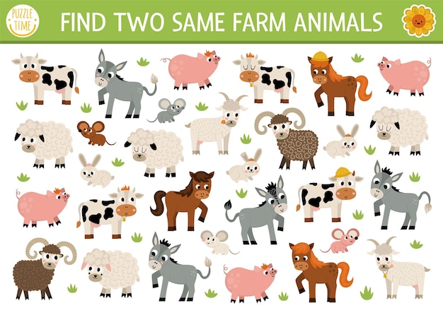 Find two same farm animals On the farm matching activity for children Rural village educational quiz worksheet for kids for attention skills Simple printable game with cute pig cow goat horsexA