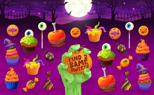 Find two same Halloween sweets cookie and cakes