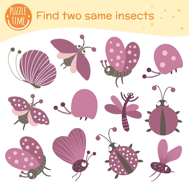 Find two same insects. Matching activity for preschool children. Funny woodland game for kids. Logical quiz worksheet.