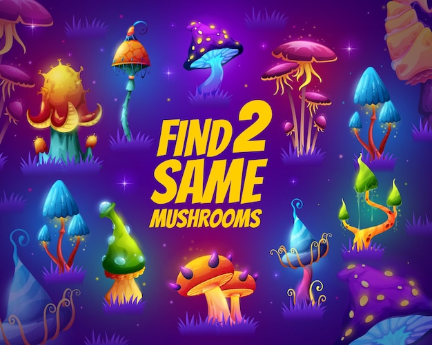 Find two same magic mushrooms kids game worksheet