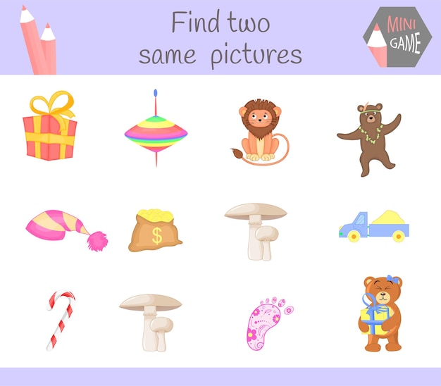 Find two same pictures. Cartoon Vector Illustration Educational Activity for Preschool Children.