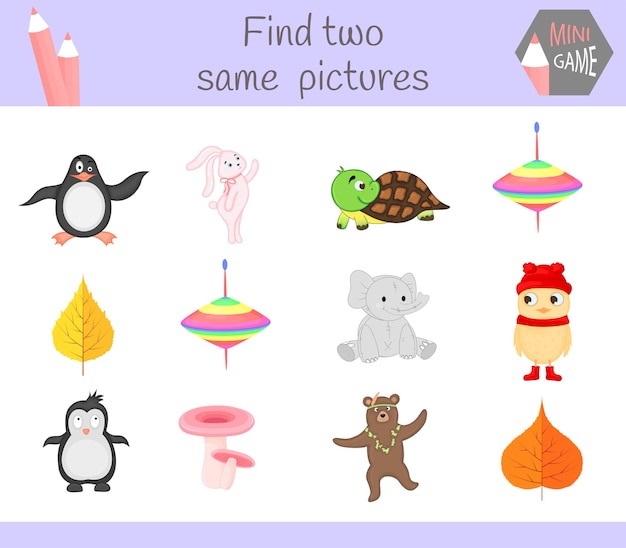 Find two same pictures. Cartoon Vector Illustration Educational Activity for Preschool Children.