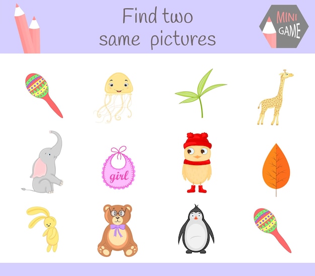 Find two same pictures. Cartoon Vector Illustration Educational Activity for Preschool Children.