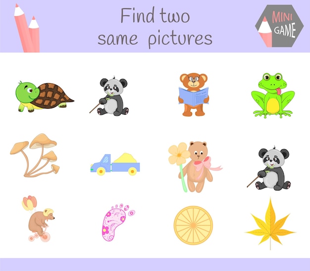 Find two same pictures. Cartoon Vector Illustration Educational Activity for Preschool Children.