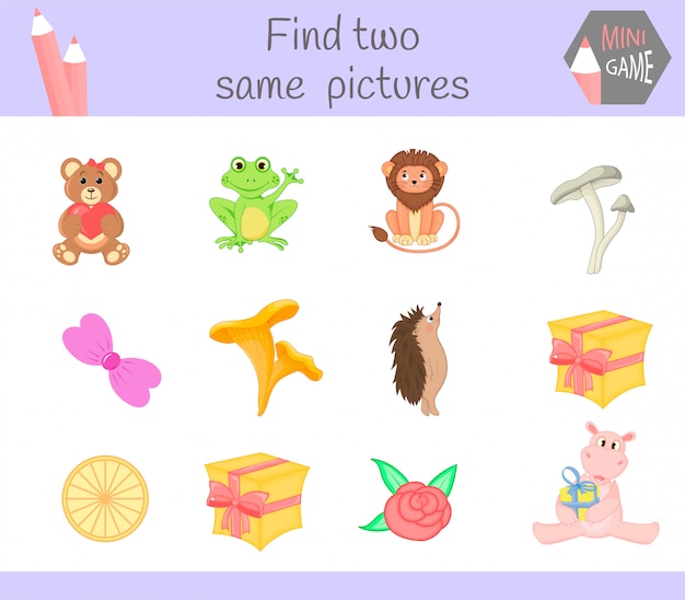 Find two same pictures. Cartoon Vector Illustration Educational Activity for Preschool Children.