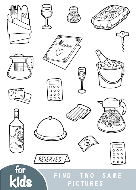 Find two the same pictures, education game for children. Black and white set of objects for a restaurant