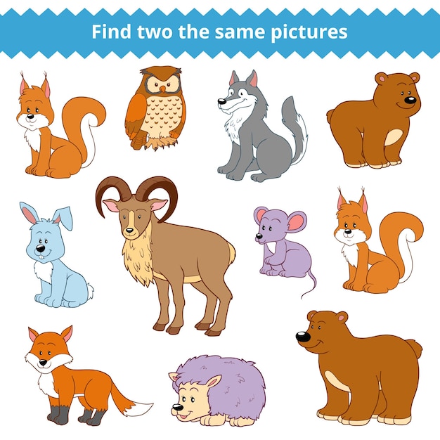 Find two the same pictures, education game for children, vector set of forest animals