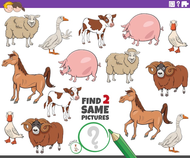 find two same pictures game with cartoon farm animals characters