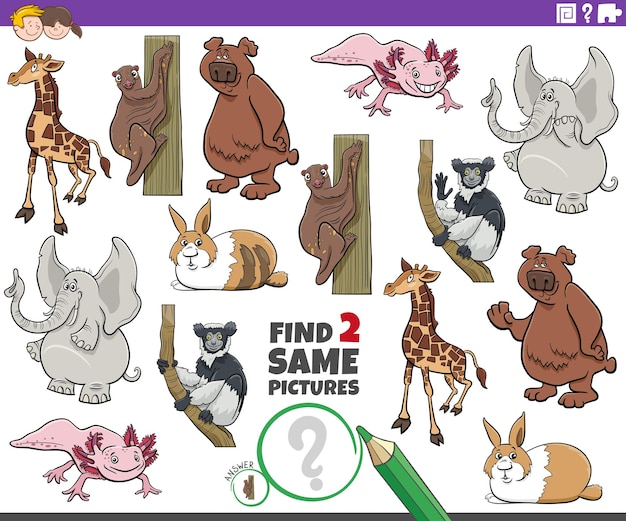 find two same pictures game with cartoon wild animals characters