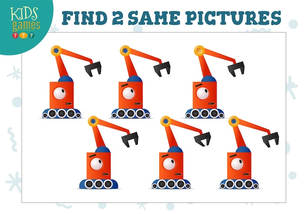 Find two same pictures kids game vector illustration. Activity for preschool children with matching objects and finding 2 identical. Cartoon funny one hand robot