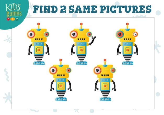 Find two same pictures kids puzzle vector illustration. Activity for preschool children with matching objects and finding 2 identical. Cartoon funny robot or alien game