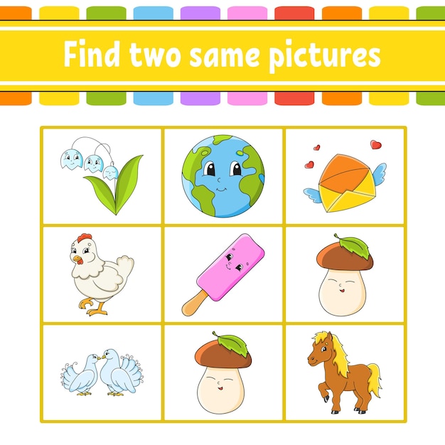 Find two same pictures Task for kids Education developing worksheet Activity page Color game for children Funny character