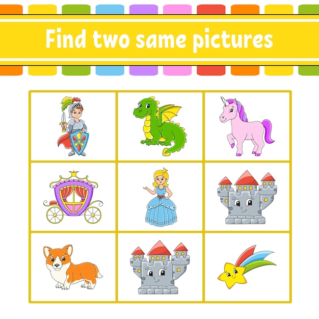 Find two same pictures Task for kids Education developing worksheet Activity page Color game for children