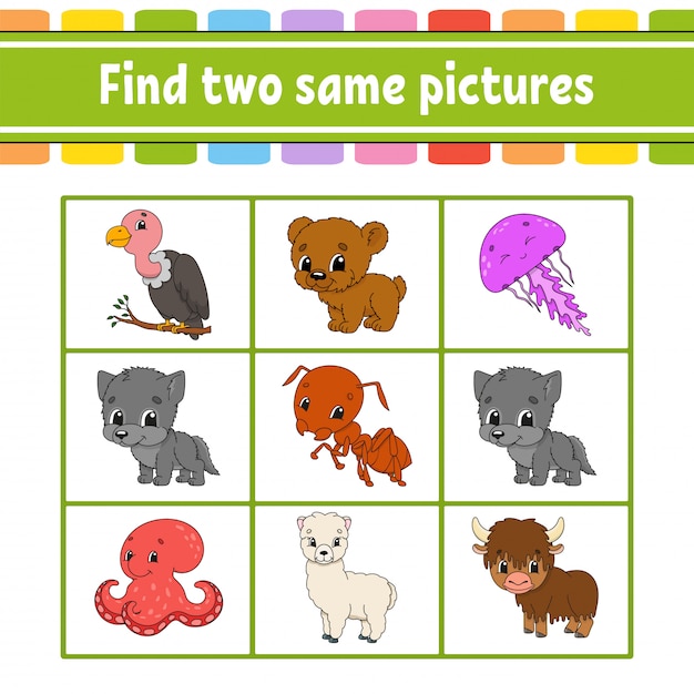 Find two same pictures. Task for kids. Education developing worksheet. Activity page.