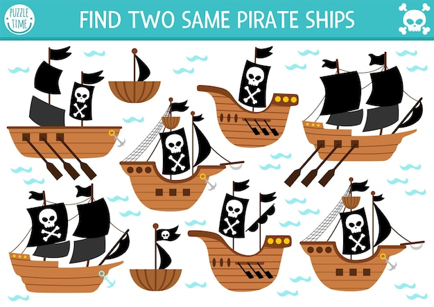 Find two same pirate ships Treasure island matching activity for children Sea adventures educational quiz worksheet for kids for attention skills Simple printable game with cute boatsxA