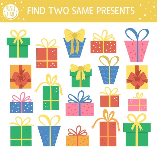 Find two same presents. Holiday matching activity for children. Funny educational Birthday party logical quiz worksheet for kids. Simple printable celebration game with cute gift boxes