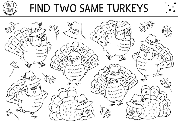 Find two same turkeys Thanksgiving black and white matching activity for children Funny autumn line quiz worksheet for kids for attention skills Simple fall printable game or coloring pagexA