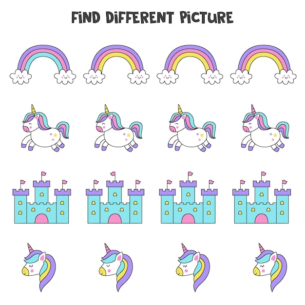 Find unicorn element which is different from others Worksheet for kids