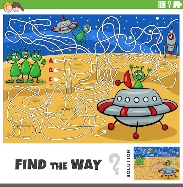 Find the way maze game with cartoon alien characters