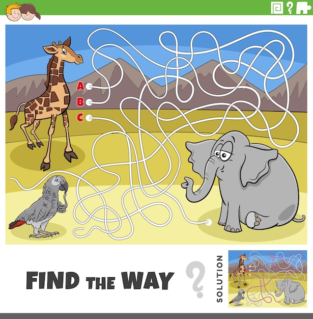 Find the way maze game with cartoon animals