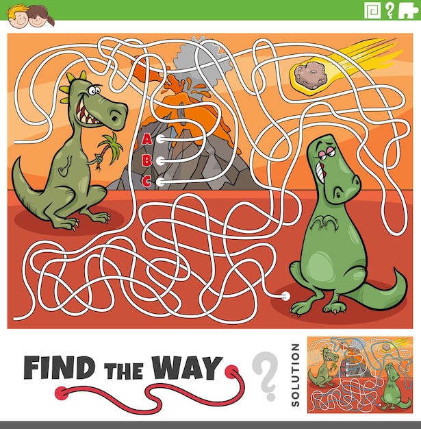 Find the way maze game with cartoon dinosaurs characters