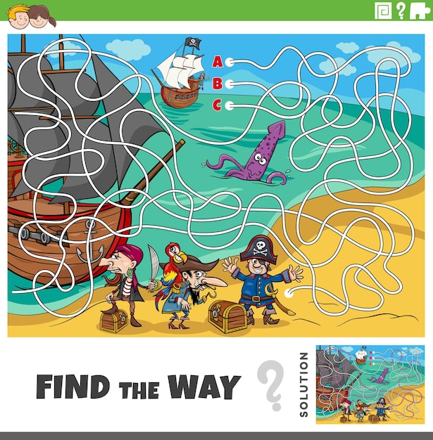 Find the way maze game with cartoon pirates on treasure island