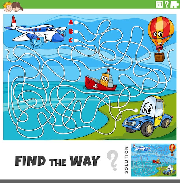 Find the way maze game with cartoon vehicles characters