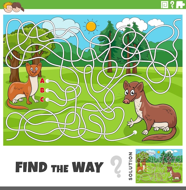 Find the way maze game with cartoon weasel characters