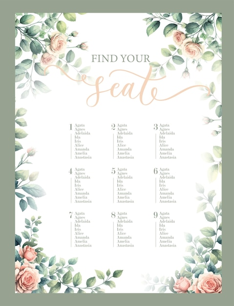 Vector find your seat seating plan for guests with table numbers and watercolor garden roses