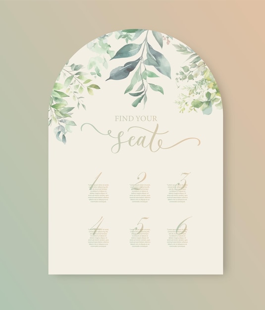 Find your seat wedding card with green watercolor botanical leaves