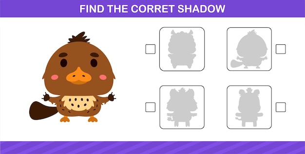 Finding the correct shadow of cute animal education page game for kindergarten and preschool