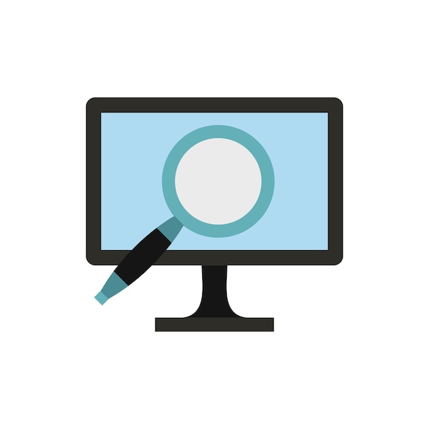 Finding information on computer icon in flat style isolated on white background Searching symbol