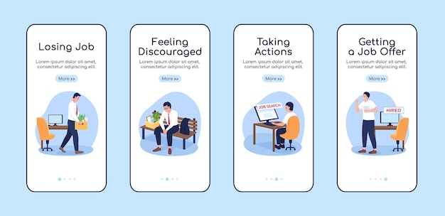 Finding job after unemployment onboarding mobile app screen flat vector template