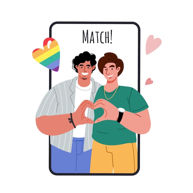 Finding love with mobile application concept.Gay couple hugging,making heart with their hands.Two men found love through Internet.Vector flat illustration.