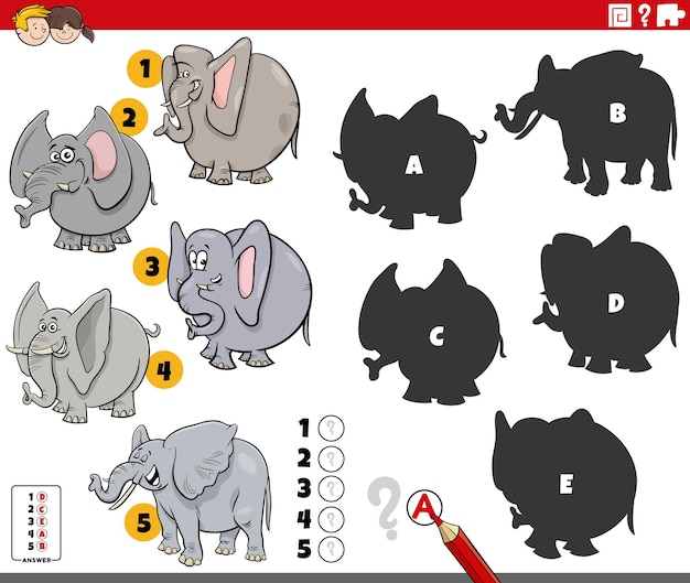 finding shadows game with cartoon elephants animals