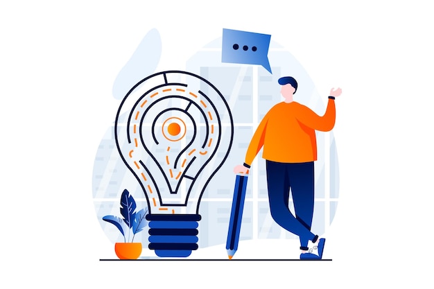 Finding solution concept with people scene in flat cartoon design Man thinks how to get through labyrinth in light bulb form in best way and generates ideas Vector illustration visual story for web