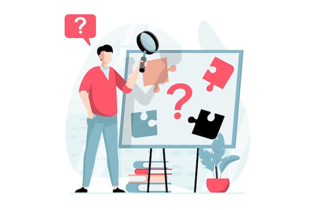 Vector finding solution concept with people scene in flat design man with magnifier examines problem assembles puzzle solves jigsaw and finds answers vector illustration with character situation for web