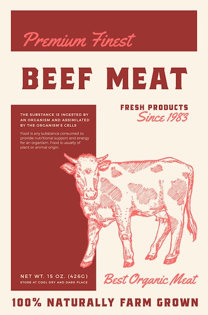 Finest Beef Steak Vector Meat Packaging Product Label Design Retro Typography Cow Sketch Background